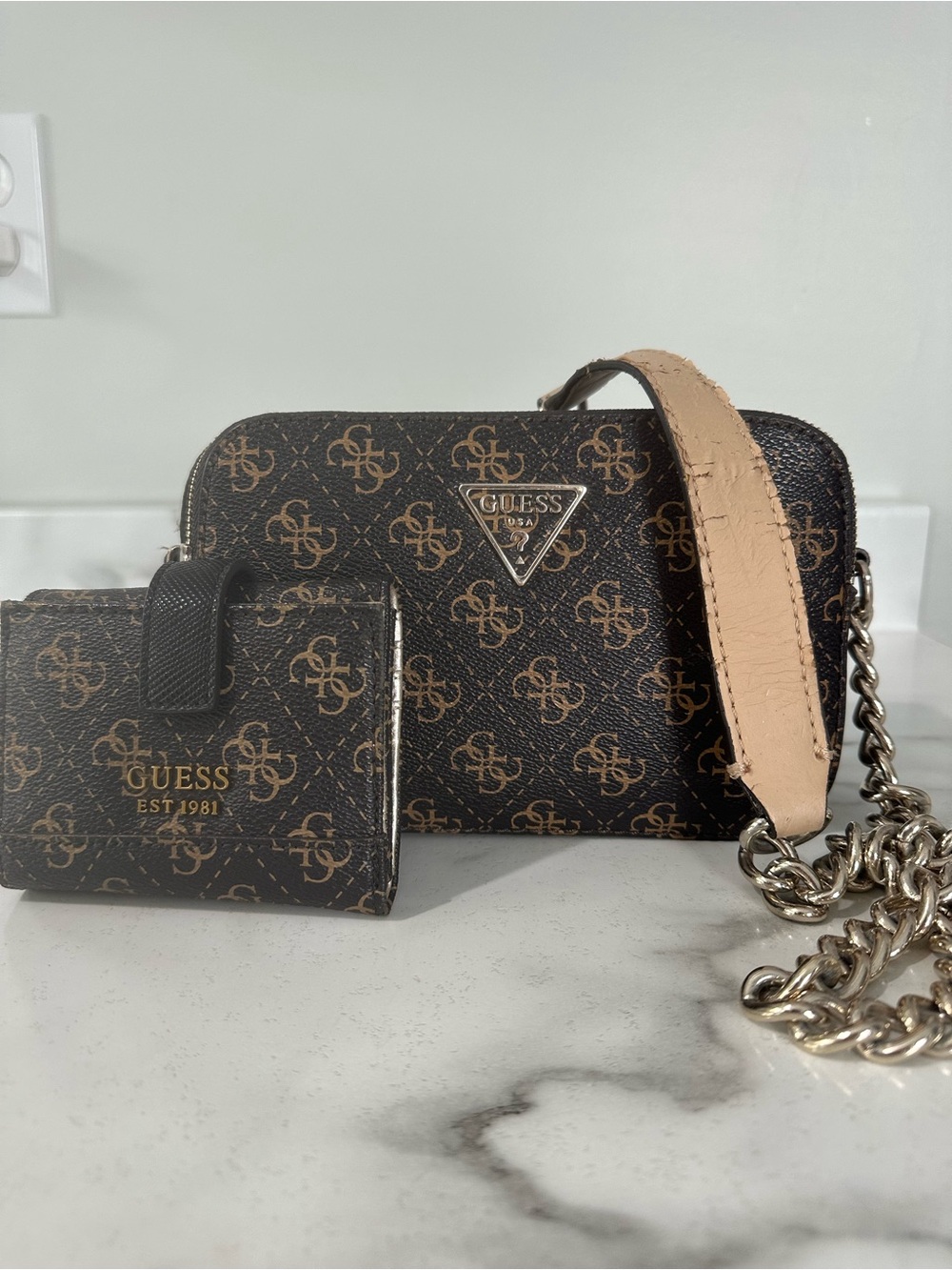 Guess Brown Monogram Crossbody with Beige Strap